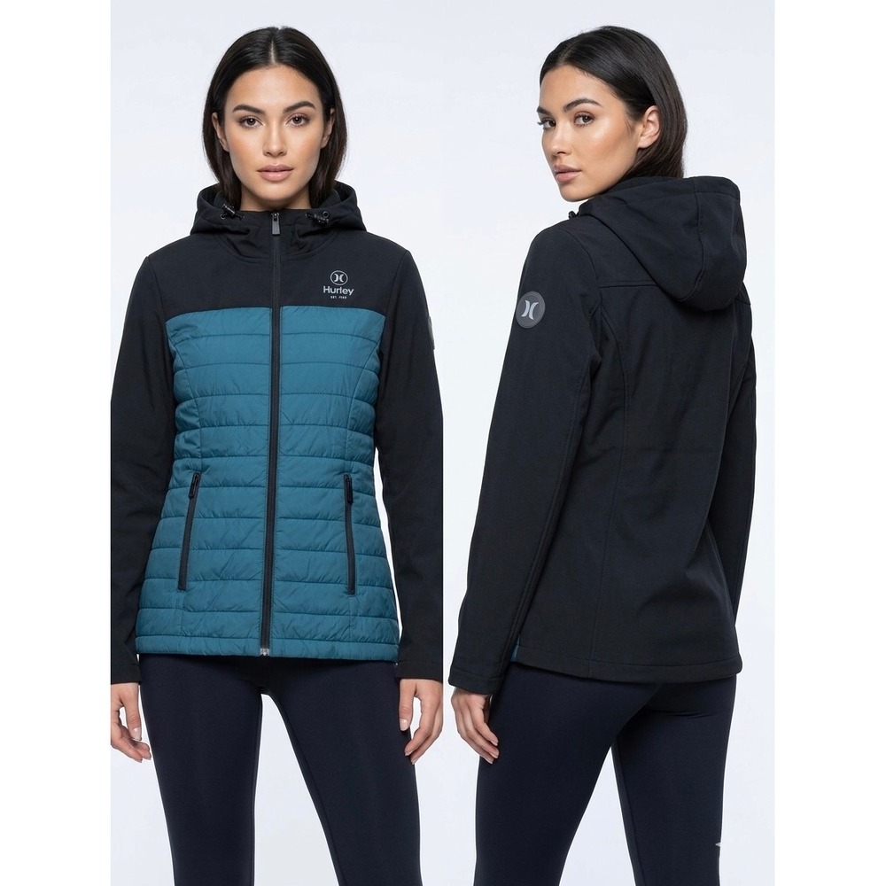 Hurley Womens Hybrid Softshell Puffer Jacket S Black Teal Hooded Full Zip Small